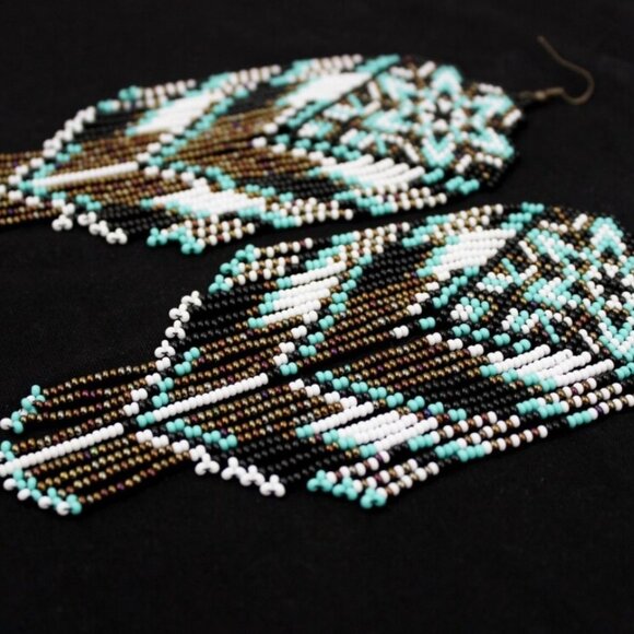 Gorgeous Etsy Artisan Aztec Large Handmade Czech Bead Beaded Earrings! 5.9" long - Picture 11 of 11